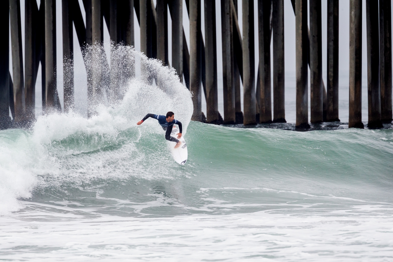 Jorgann Couzinet of France is eliminated from the 2019 VANS US Open of Surfing after placing second in Quarterfinal Heat 2.&nbsp;&nbsp;&nbsp;© Kenny Morris/WSL