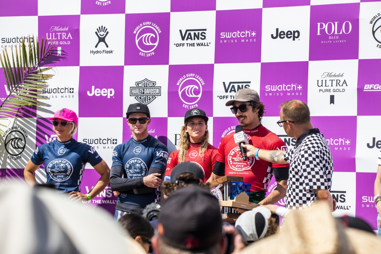 2019 VANS US Open of Surfing finalists (left to right) Sage Erickson, Alex Ribeiro, Courtney Conlogue and Yago Dora.&nbsp;&nbsp;&nbsp;© Jenny Herron / WSL