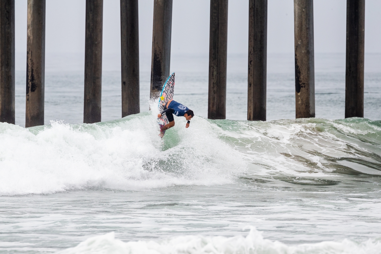 Barron Mamiya of Hawaii is eliminated from the 2019 VANS US Open of Surfing after placing second in Quarterfinal Heat 1.&nbsp;&nbsp;&nbsp;© Kenny Morris/WSL